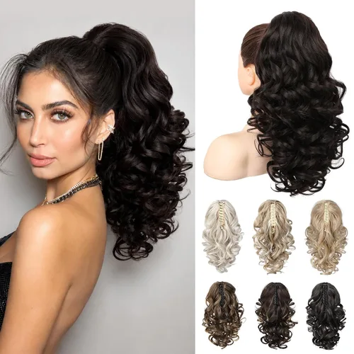 Miniatura 17 de REECHO Extensión de cola de caballo de 12 pulgadas, pinza de cola de caballo rizada y ondulada clásica para mujeres - Negro