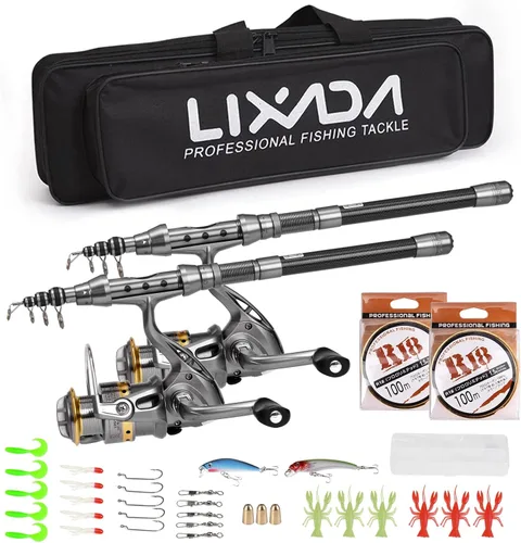 Lixada Juego de 2 cañas de pescar de 1.5/1.8/2.1/7.9 ft, carrete de caña telescópica de fibra de carbono, carrete de pesca con ganchos, señuelos