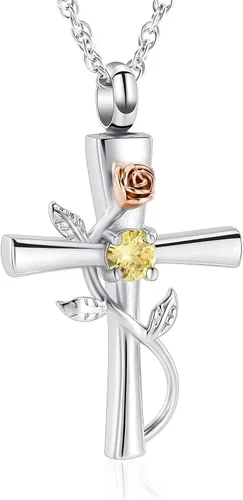 Miniatura 15 de shajwo Collar de Urna en Cruz para Cenizas con Piedra de Nacimiento Rosa Flor Joyería de Cremación para Mujeres Niñas Recuerdo Memorial Colgante
