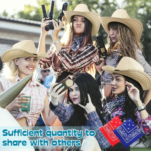 Miniatura 4 de SATINIOR Juego de 12 gorras de vaquero de paja y bandana, gorro de fiesta de vaquero, bandana a granel accesorios occidentales