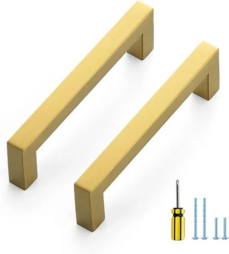 Miniatura 34 de Ravinte Paquete de 5 tiradores dorados de latón brusehed de 3 pulgadas para gabinetes de cocina, herrajes de cocina cuadrados dorados para gabinete