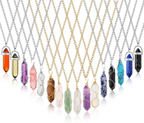 Sureio 16 collares de piedra de cristal curativo, collar con colgante de piedras preciosas hexagonales, collar de cristal envolvente de alambre