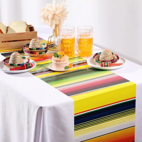 Miniatura 5 de Preboun 6 piezas de camino de mesa mexicano de plástico Dia De Los Muertos Serape Camino de mesa 14 x 108 Fiesta mexicana colorido a rayas