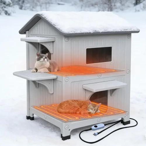 Miniatura 11 de Casa para gatos al aire libre, resistente a la intemperie, casas de plástico para gatos con puerta de escape, 2 pisos para interiores, impermeable