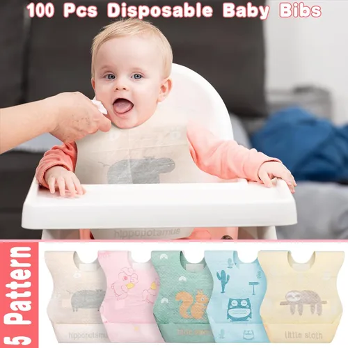 Miniatura 6 de Shinymoon 100 baberos desechables para bebé, envueltos individualmente, baberos de viaje, impermeables, atrapadores de alimentos para niños y niñas