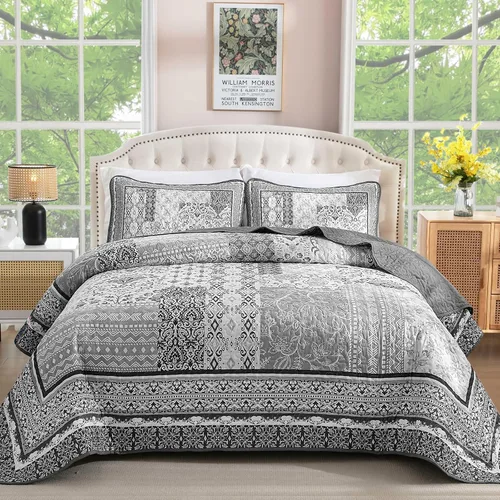 Miniatura 15 de WONGS BEDDING Juego de edredón bohemio tamaño matrimonial, juego de colcha de retazos beige de 3 piezas, juego de ropa de cama de microfibra suave