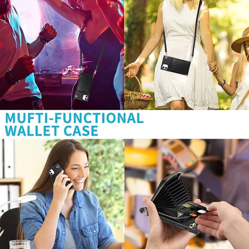 Miniatura 8 de Funda para iPhone 11 con cremallera de cuero con ranuras para tarjetas, funda protectora para teléfono con cordón para mujeres y niñas, a prueba