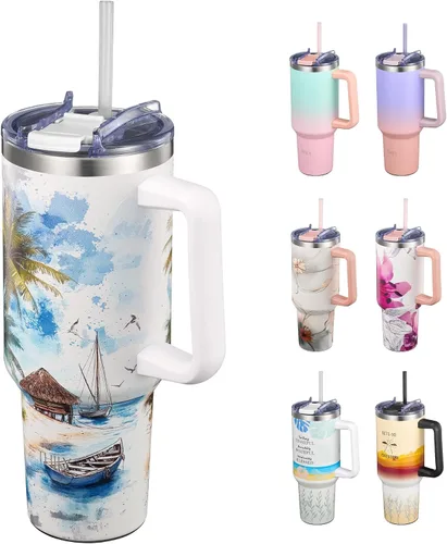 Miniatura 7 de THILY Vaso de 40 onzas de acero inoxidable con asa - Taza de viaje con aislamiento al vacío, tapa a prueba de salpicaduras y a prueba de fugas, 2