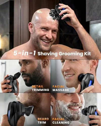 Miniatura 4 de Afeitadoras de cabeza para hombres calvos, kit de aseo eléctrico 5 en 1, 7D flotante IPX7, impermeable, recargable, para cabeza calva, vello