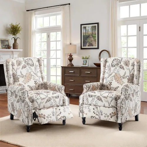 Miniatura 61 de Silla reclinable tapizada, sillón de ala floral con respaldo y reposapiés ajustables, cómoda silla decorativa para leer, sofá individual