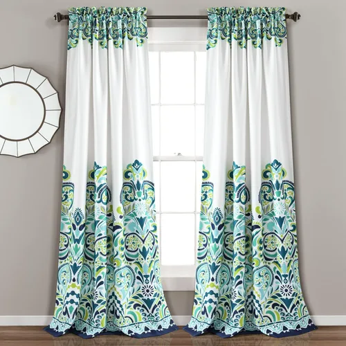 Lush Decor Clara Cortinas con estampado de damasco cachemira Paisley, estilo bohemio, juego de paneles para filtrar la luz para sala, comedor, Azul