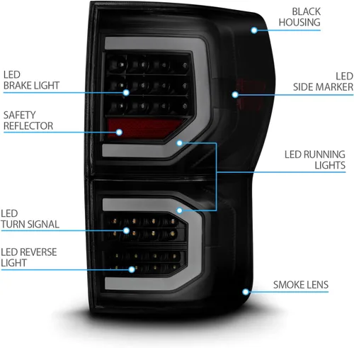Miniatura 5 de AmeriLite Para Toyota Tundra Pickup 2007-2013 Negro oscuro [LED completo] Tubo de doble tipo C de repuesto luces traseras lámpara de freno