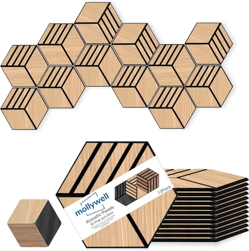 Miniatura 9 de Mollywell Paneles acústicos, decoración de grano de madera de PVC, azulejos de pared con patrón tallado de 12 x 12 pulgadas, autoadhesivos