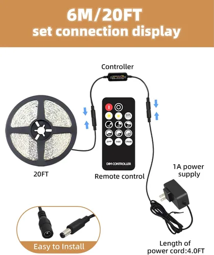 Miniatura 6 de Tira de luces LED de 20 pies con control remoto, 3000 K luces de cinta cálida y regulable, 12 V, 360 LED, 2835 luces adhesivas fuertes para armario