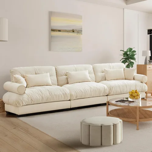 Miniatura 30 de Reposapiés Otomano Tapizado de Terciopelo con Cojín para Sofá Seccional Sofá 300 libras para Sala de Estar (Beige)