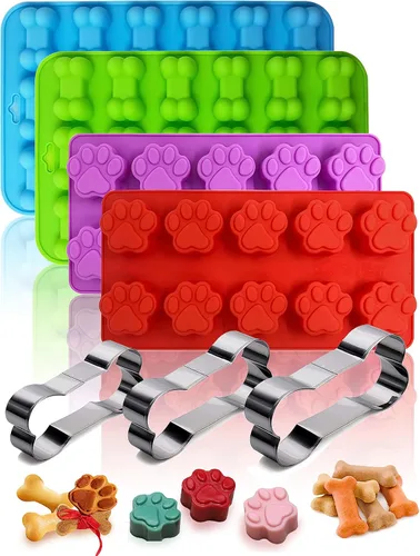 Juego de 7, 4 moldes de silicona en forma de pata y hueso de cachorro y 3 piezas de acero inoxidable cortador de galletas de hueso, para golosinas