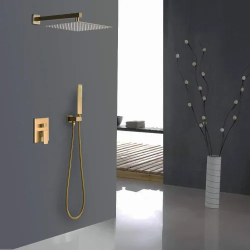 Miniatura 2 de Iriber - Sistema de regadera de lluvia de oro cepillado con cabezal de regadera de 10 pulgadas y juego de regadera de mano montado en la pared que