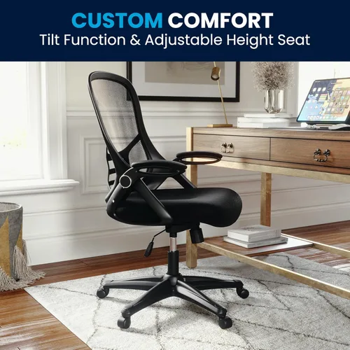 Miniatura 8 de Flash Furniture Porter - Silla de oficina giratoria ergonómica de malla negra con marco negro y brazos abatibles