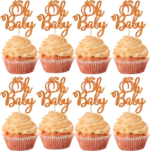 Miniatura 22 de 24 adornos para cupcakes de calabaza para niños o niñas con purpurina para revelación de género, decoración para cupcakes de calabaza, pies