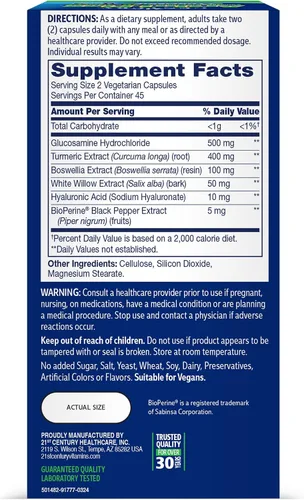 Miniatura 5 de 21st Century Arthri-Flex Advantage Plus - Cúrcuma vegana de glucosamina para articulaciones y movilidad con boswellia, ácido hialurónico y pimienta