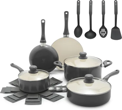 GreenLife Juego de utensilios de cocina antiadherentes de 16 piezas, juego de ollas y sartenes de cerámica no tóxica, esenciales de cocina duraderos