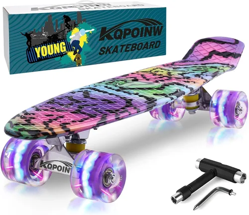 Miniatura 10 de Patinetas, Monopatín Completo de 56 cm, Mini Cruiser para Niños, Niñas, Adolescentes Principiantes con Ruedas de Luces Intermitentes Coloridas