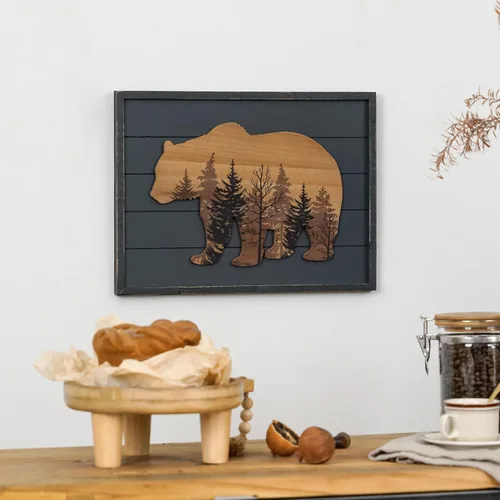 Miniatura 3 de NIKKY HOME Lindo oso en el bosque, arte decorativo de pared con marco de madera para cabaña, 40,6 cm x 30,5 cm, gris pizarra oscuro