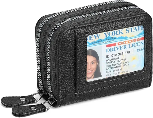 RNIEGA Cartera pequeña de piel con bloqueo RFID para tarjetas de crédito, cartera pequeña para mujer, doble cremallera con ventana de identificación