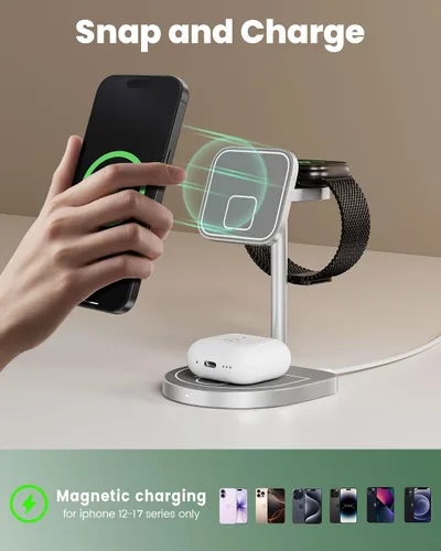 Miniatura 4 de KU XIU X85 - Estación de carga 3 en 1 de 3 puntos para Apple, soporte de cargador inalámbrico magnético de aleación de aluminio con mini baloncesto