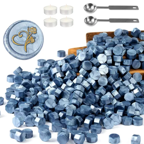 Yoption Juego de 360 cuentas de cera de sellado azul para sello de cera con velas y cuchara de fusión Azul Metálico