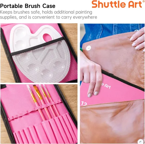 Miniatura 9 de Shuttle Art Juego de 12 pinceles de pintura con estuche, formas y tamaños surtidos para acrílico, acuarela, óleo y gouache, pinceles de artista Rosa