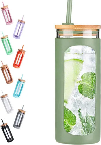 Miniatura 6 de Kodrine Vaso para agua de vidrio de 20 onzas con popote y tapa, botella de agua con tapas de bambú, taza para café helado, reutilizable, boca ancha