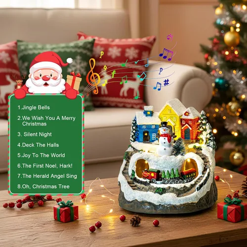 Miniatura 4 de ZQQLITE Casas de Pueblo Navideño de Muñeco de Nieve Musical Animado con Tren Giratorio, Figuras de Colección de Pueblo Navideño Iluminadas
