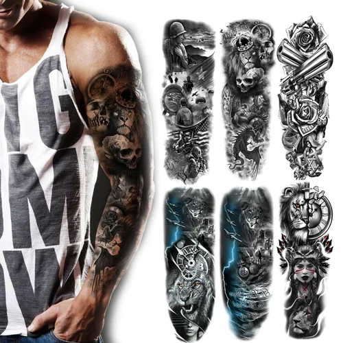 Miniatura 5 de Kotbs 6 hojas de mangas temporales de tatuaje de tótem tribal grande, diseños realistas de dragón, reloj y vikingo, funda de tatuajes falsos