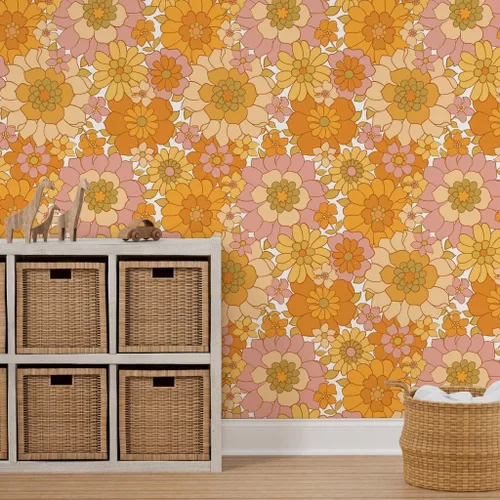 Miniatura 7 de Spoonflower Papel tapiz autoadhesivo de 12 x 2 pies, papel tapiz retro floral blanco vintage de los años 70 Flower Power extraíble