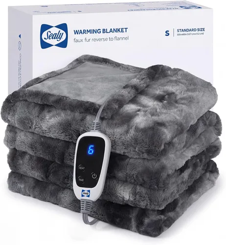 Sealy - Manta eléctrica térmica, manta de pelo sintético con 6 ajustes de calor y apagado automático de 2-10 horas, calentamiento rápido y Gris