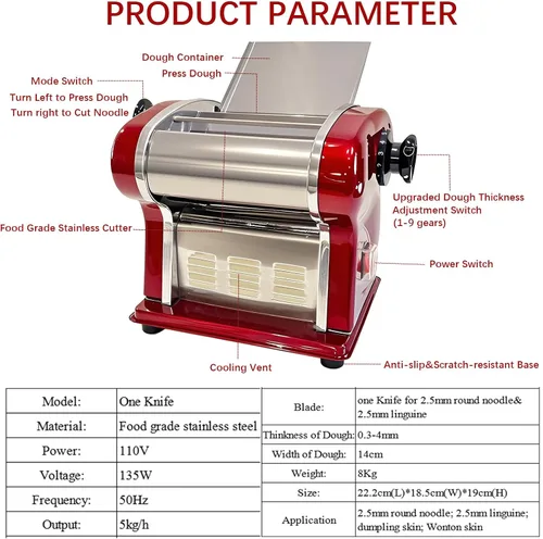 Miniatura 5 de Máquina de prensado de masa eléctrica para hacer fideos domésticos Cortador de 0.098 in incorporado 135 W 11.0 lbs/H Salida para uso doméstico