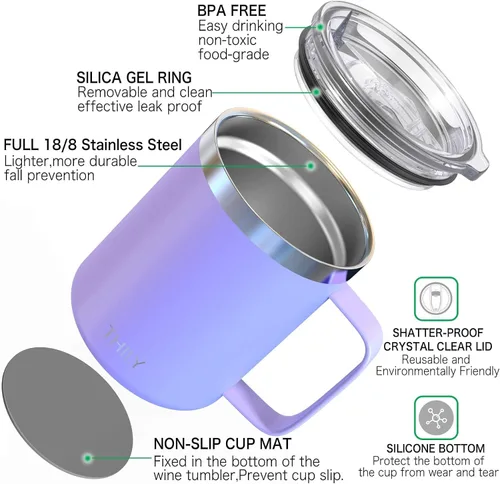 Miniatura 3 de THILY Taza de café aislada de acero inoxidable de 12 onzas, taza de viaje con triple aislamiento con asa y tapa a prueba de derrames, mantiene