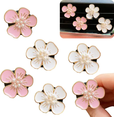 Clips de Ambientadores para Ventilación 6 Piezas Lindos Accesorios de Carro con Flores para Mujeres y Niñas - Rosa y Blanco Decoraciones Estéticas