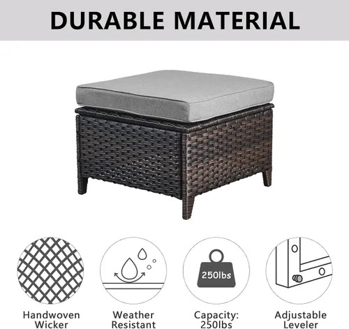 Miniatura 5 de Belord Juego de 2 taburetes otomanos de mimbre de ratán para todo tipo de clima, con cojines suaves para muebles de patio Cojín de mimbre marrón/gris