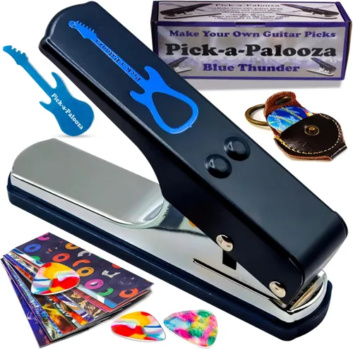 Miniatura 11 de Gran kit de Pick-a-Palooza para hacer tus propias púas para guitarra, para regalo. Dispositivo prémium para fabricar púas. Cadena de cuero porta