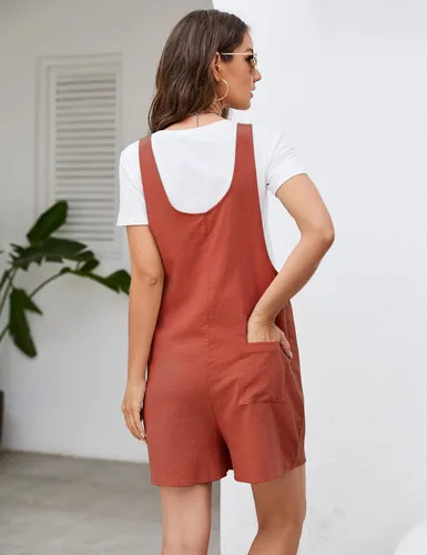 Miniatura 2 de Flygo Overol corto de lino y algodón para mujer, con bolsillos