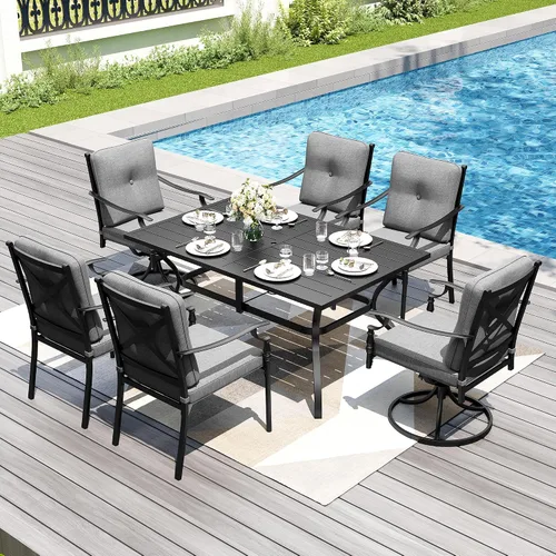 PHI VILLA - Juego de comedor para exterior de 7 piezas para 6, mesa rectangular de acero negro con sillas fijas y giratorias de hierro, gran juego