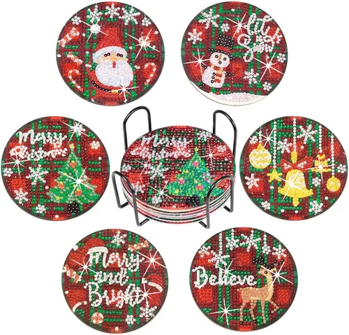 Praise V Do Juego de 6 posavasos de pintura de diamante con soporte de base de corcho, posavasos de Navidad para principiantes, adultos,