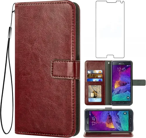 Asuwish Compatible con Samsung Galaxy Note 4 - Funda tipo cartera de vidrio templado con protector de pantalla y tapa de cuero, tarjetero para Negro
