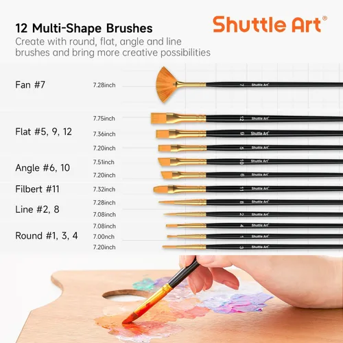 Miniatura 9 de 54 Colores Pintura Acrílica, Juego de Pintura Acrílica Shuttle Art con 12 Pinceles, Botellas de 2 oz/60 ml, Pinturas Ricas en Pigmentos, Resistente