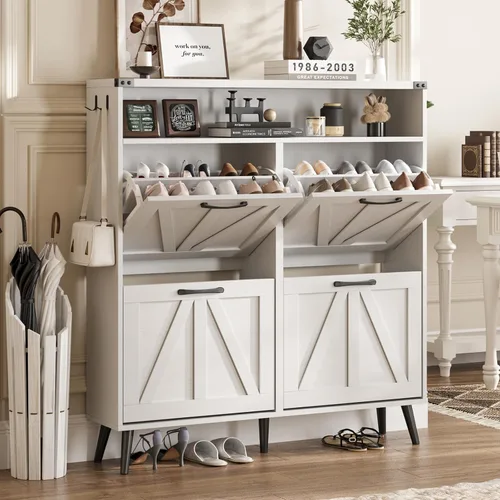 Miniatura 11 de Halitaa - Gabinete para zapatos con 2 cajones abatibles y almacenamiento abierto, gabinete de almacenamiento de zapatos estilo granja para entrada
