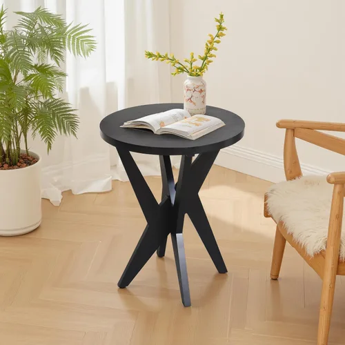 Miniatura 7 de Ahokua Mesa auxiliar redonda negra moderna, mesa auxiliar decorativa de mediados de siglo con parte superior de MDF y patas cruzadas para sala