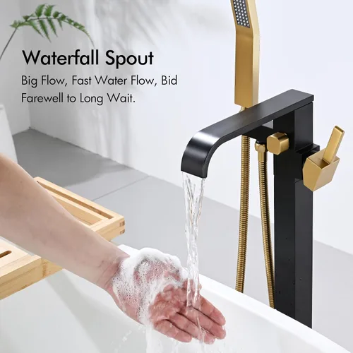 Miniatura 10 de BAGNOLUX Grifo de Bañera de Latón Macizo de Montaje en Piso Grifo de Bañera Independiente Llenador de Bañera Independiente Negro Dorado Alto Caudal