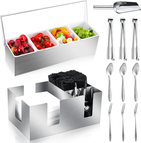 Miniatura 11 de Tessco for you Bandeja de Guarnición con Tapa Organizador de Bar Contenedor de Condimentos Refrigerado con Hielo con Cuchara para Hielo Pinzas